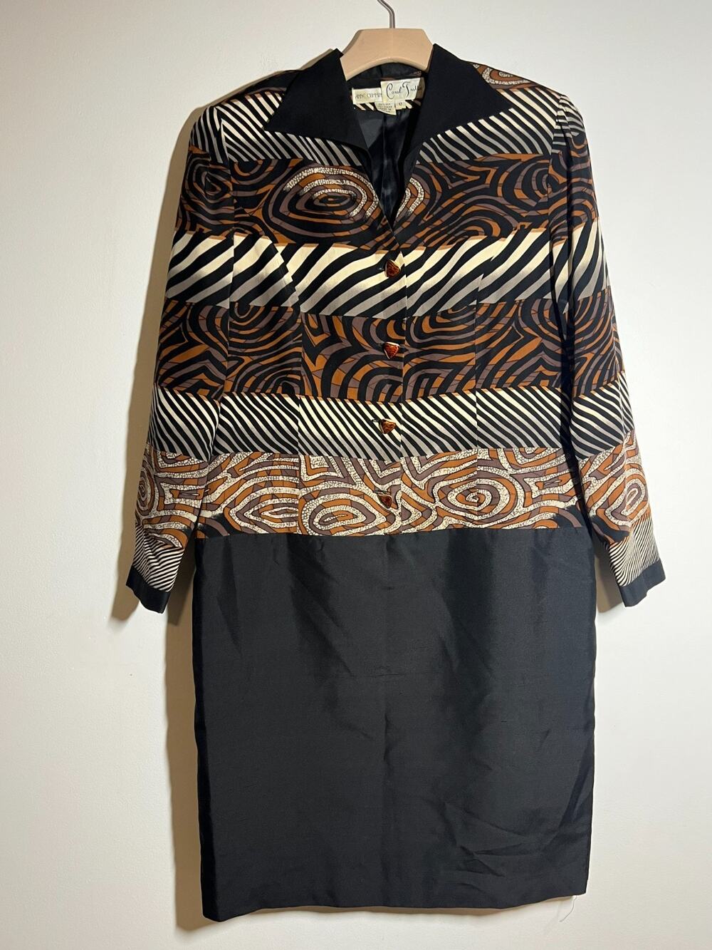 VTG Anne Crimmins UMI 100% Silk Black/Brown Animal Print Long Sleeved Dress 12